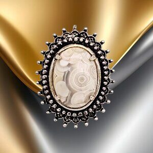 Oval Dendritic Jasper Brooch Pin Silver Tone Vintage Style